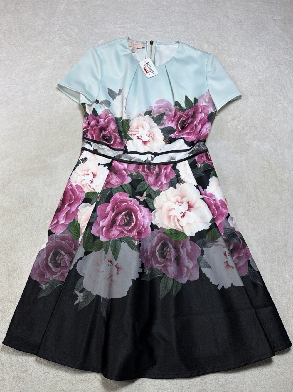 NWT Ted Baker Wilmana Scuba Skater Dress Mint Pink Floral Rose Gold Sz 3 US 6/8